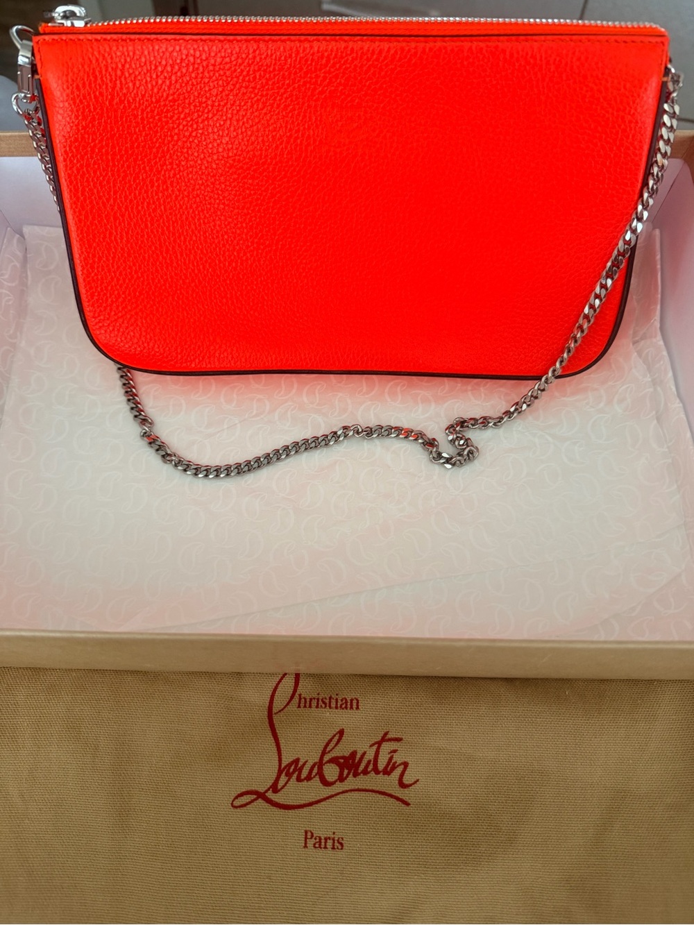 Christian Louboutin Neon Orange Pebbled Leather Chain Crossbody